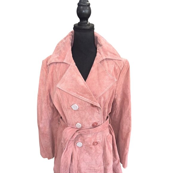 NWT Soft Blush Pink Suede Double Breasted Trench Coat Leather Luxe Designer City - Picture 7 of 16